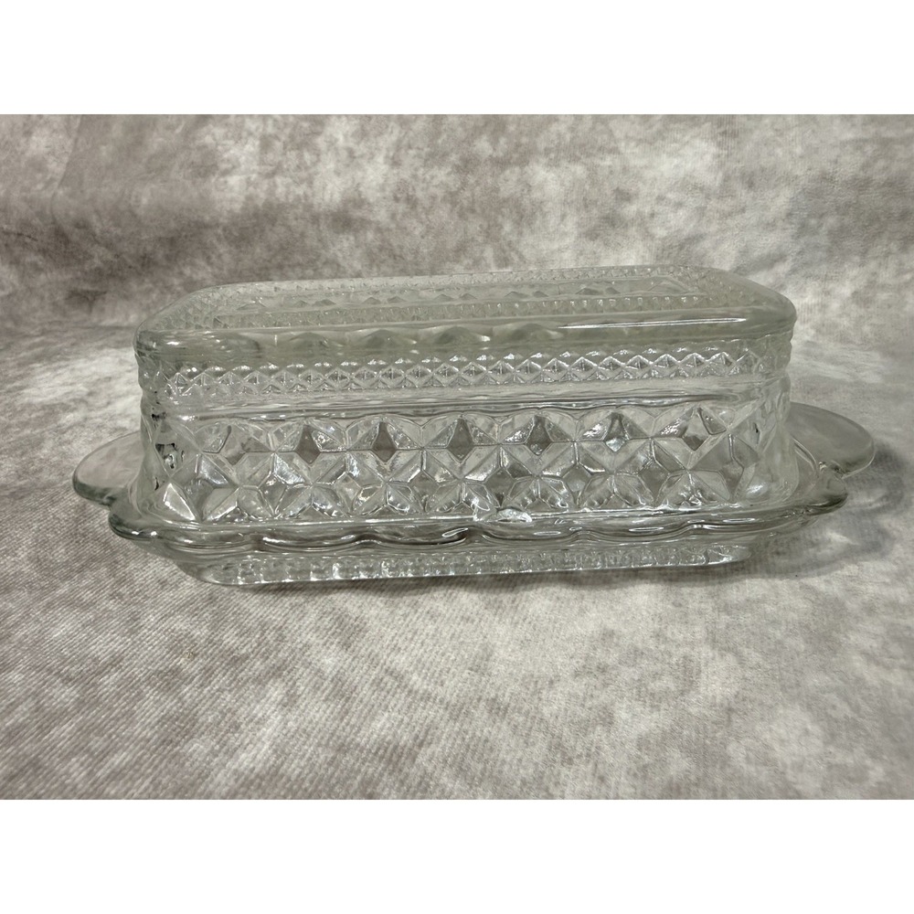 Pressed glass butter dish with lid, Anchor Hocking Wexford pattern